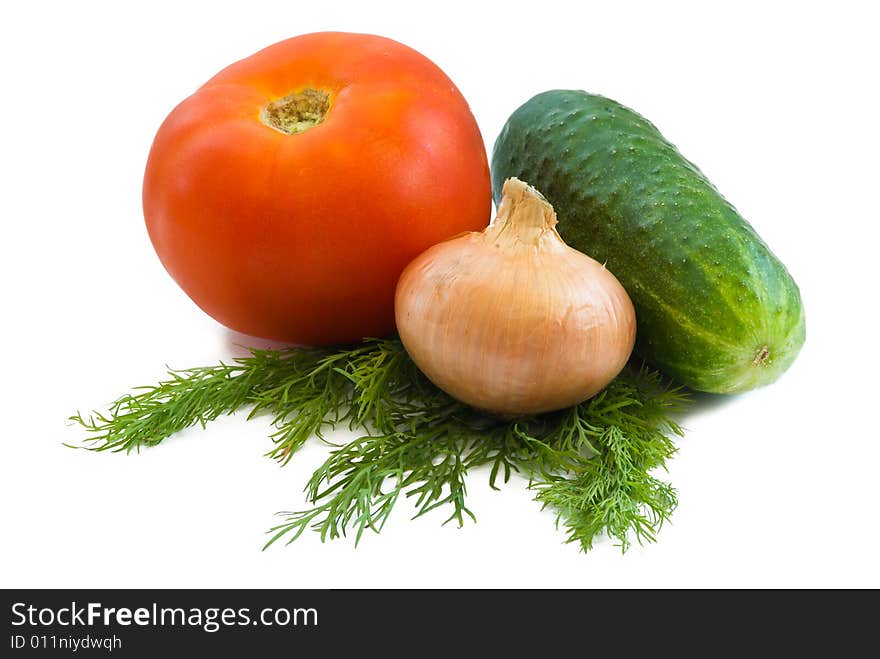 Cucmber, onion and tomato on white background. Cucmber, onion and tomato on white background