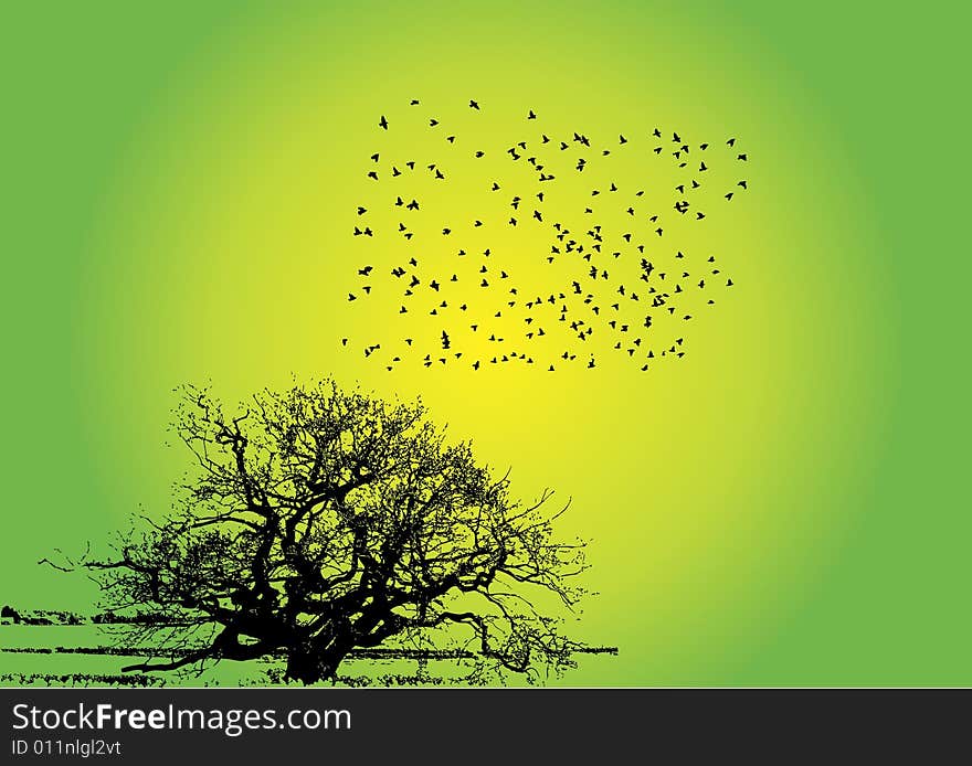 A tree with birds and green gradient background tree and birds are made. A tree with birds and green gradient background tree and birds are made.