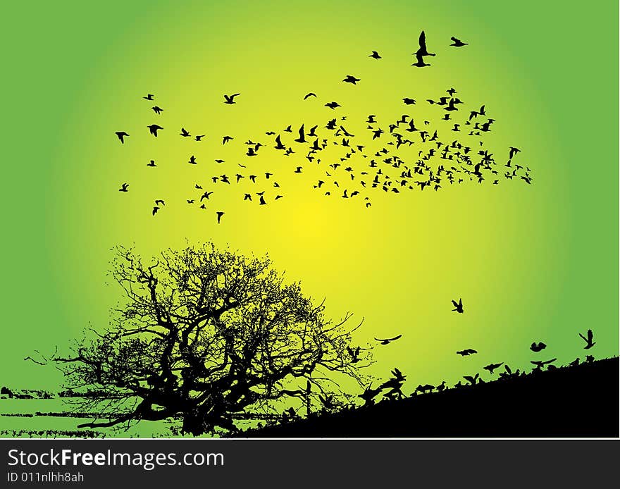 A tree with birds and green gradient background tree and birds are made. A tree with birds and green gradient background tree and birds are made.