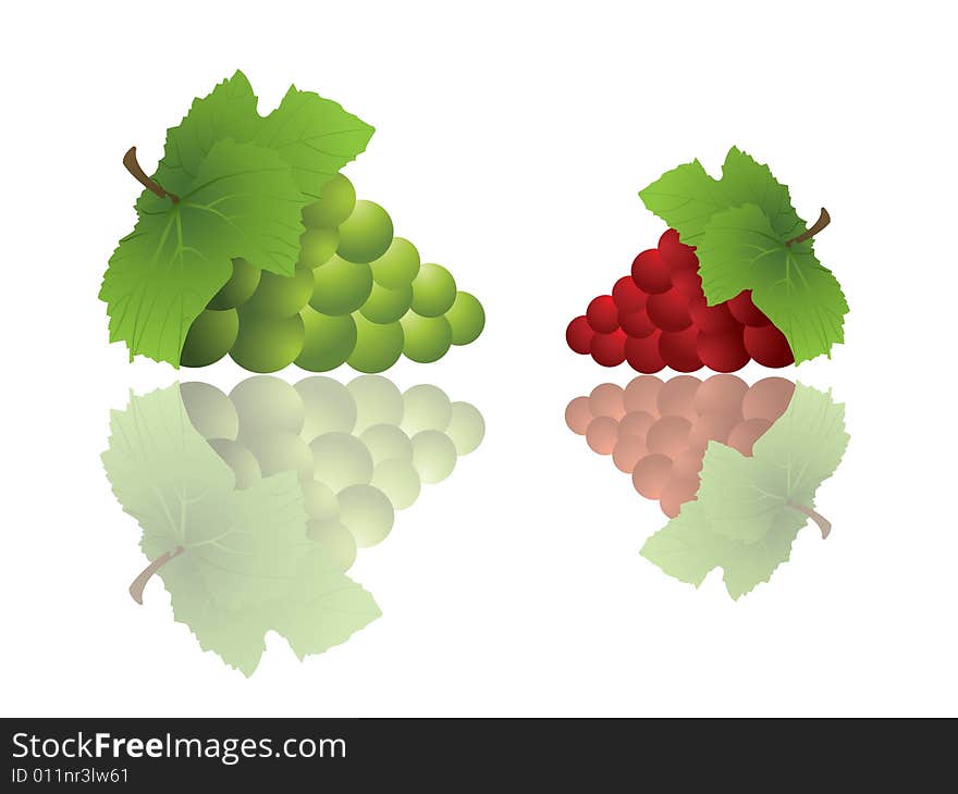 Bunches of red and green grapes with reflections.