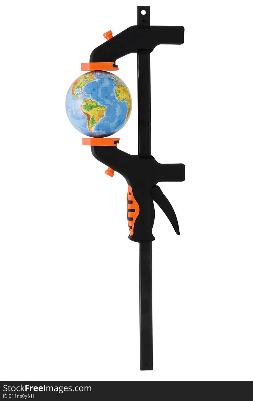 The globe clamped in a manual clamp isolated on a white background. Clipping path included. The globe clamped in a manual clamp isolated on a white background. Clipping path included.