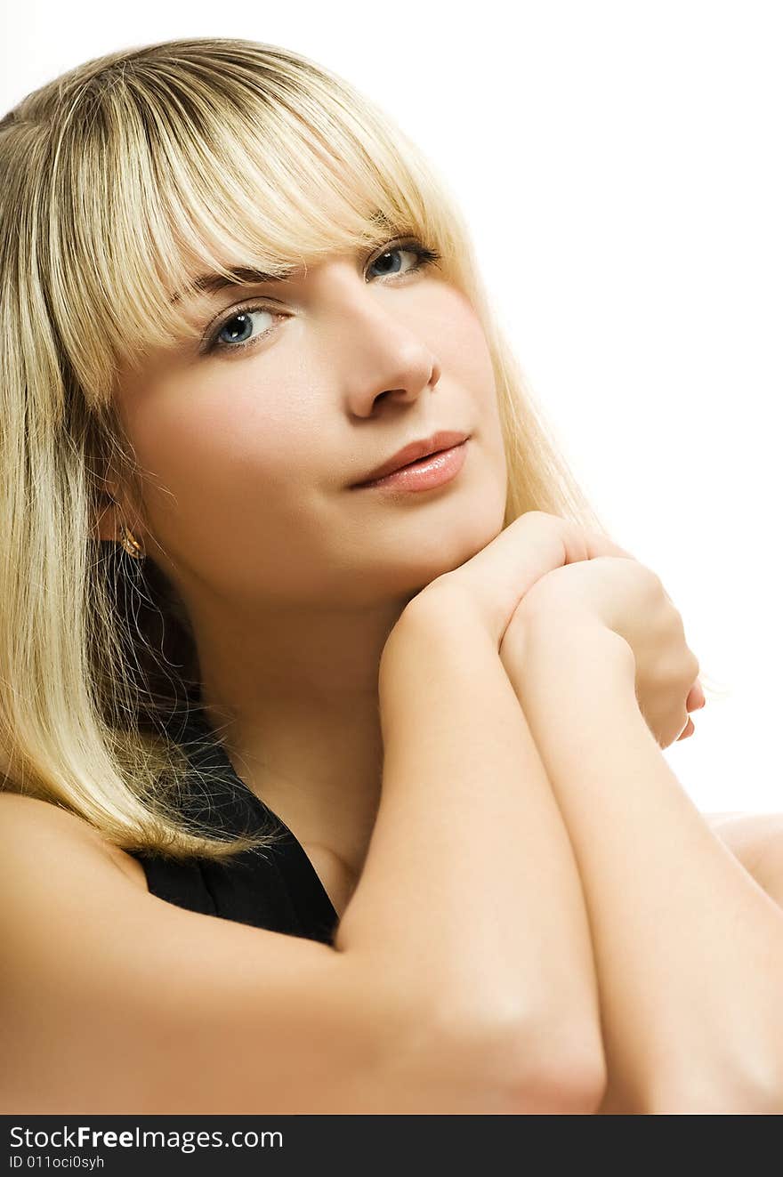 Beautiful blond woman over white background