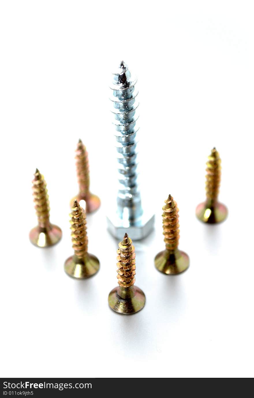 Steel screws on white background