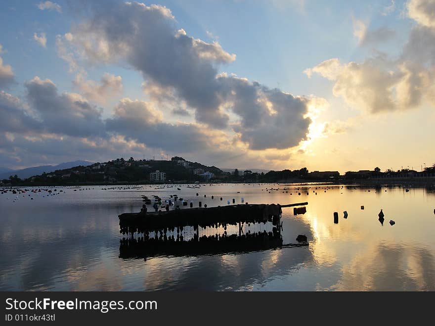 Sunset on the lake of Faro in Messina, Sicily. Sunset on the lake of Faro in Messina, Sicily