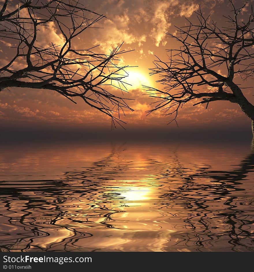 Tree silhouettes  at sunset - digital artwork. Tree silhouettes  at sunset - digital artwork