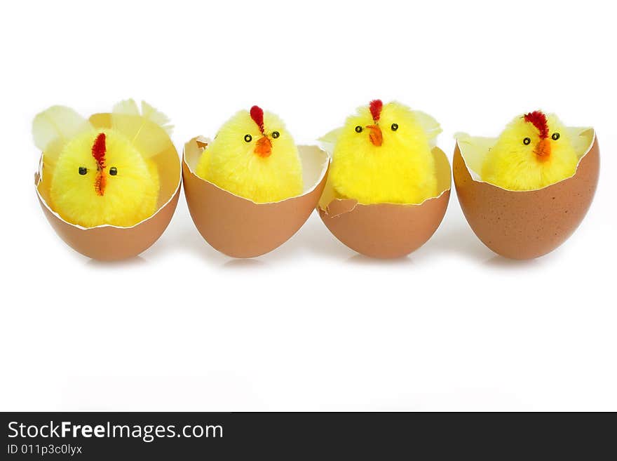 Just hutched yellow chicken, eggs and eggshell. Just hutched yellow chicken, eggs and eggshell