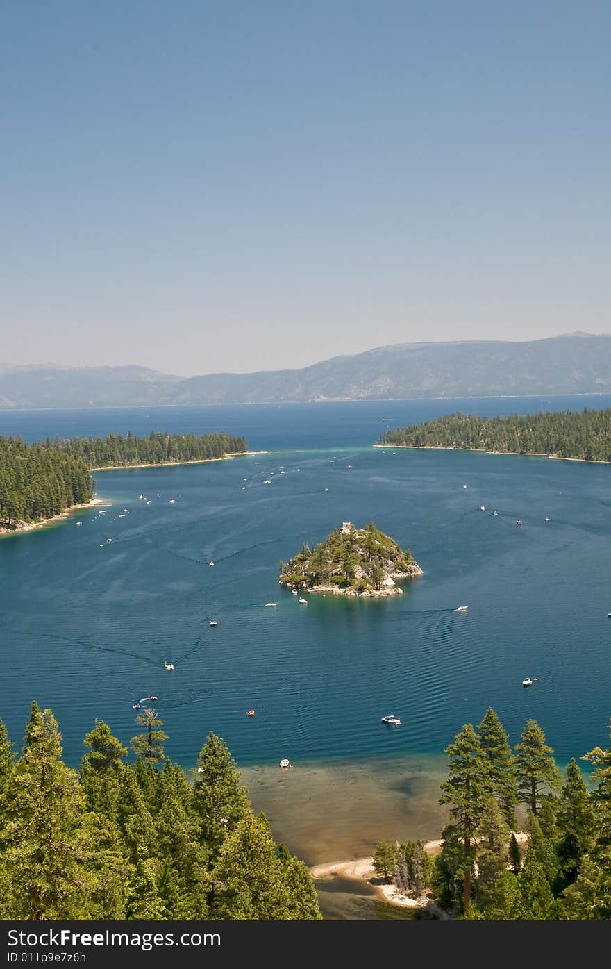 View on Boats and Fannette Island in Emerald Bay, lake Tahoe, California