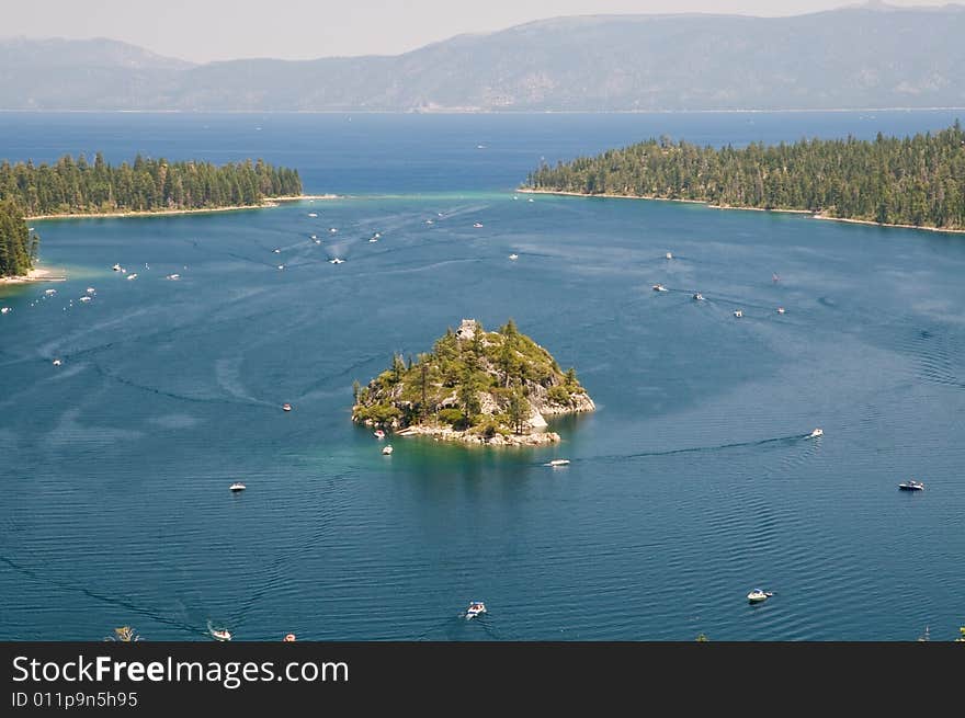 View on Boats and Fannette Island in Emerald Bay, lake Tahoe, California