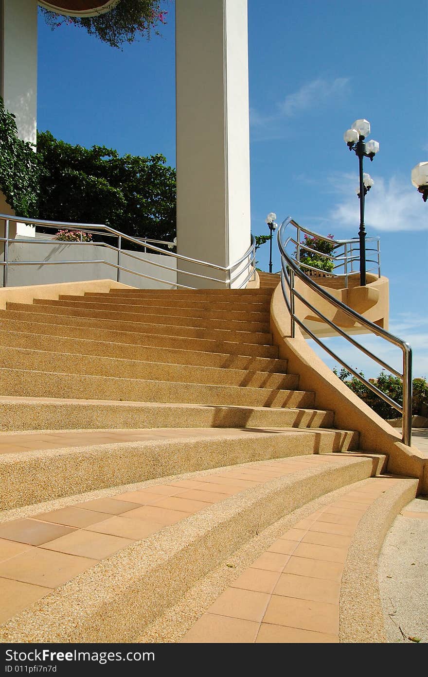 Large stairway with hand-rail and lampposts. Large stairway with hand-rail and lampposts