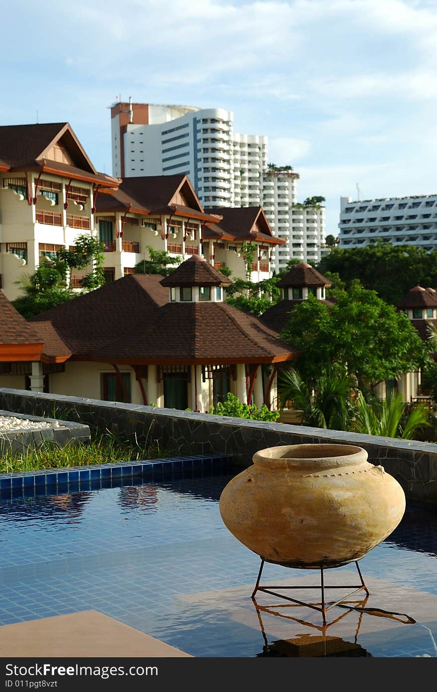 Buildings reflecting in resort's pool. Buildings reflecting in resort's pool