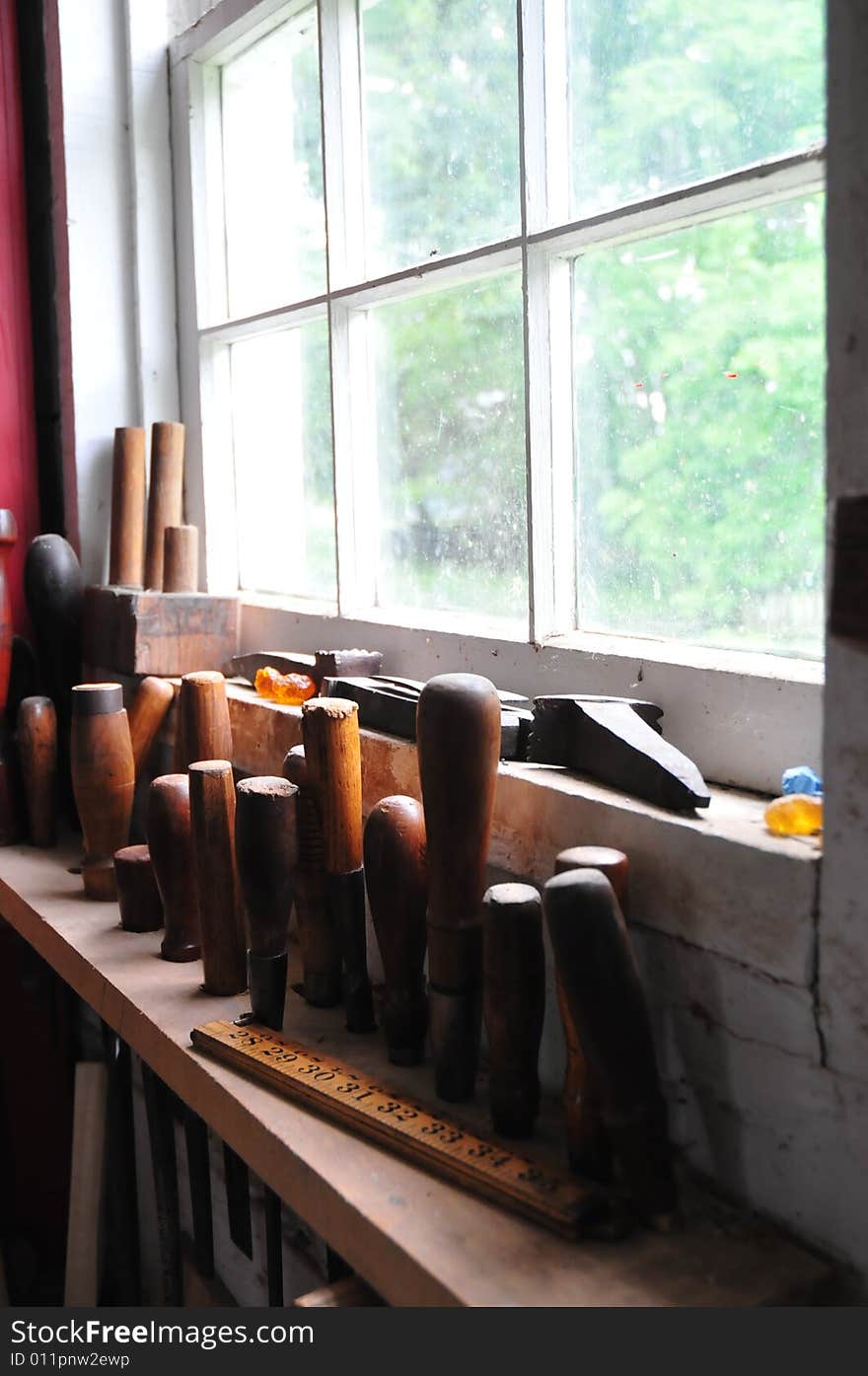 Hand tools in a window