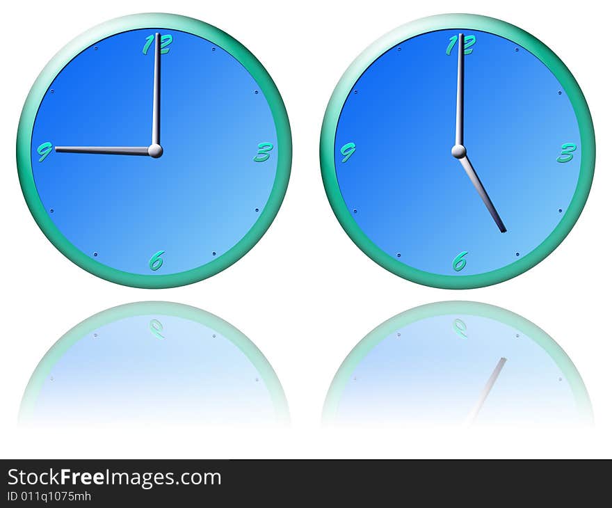 Clocks showing working time on white background