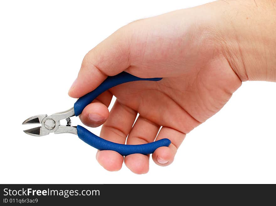 Man's hand hold a cutting plier over white background. Man's hand hold a cutting plier over white background.