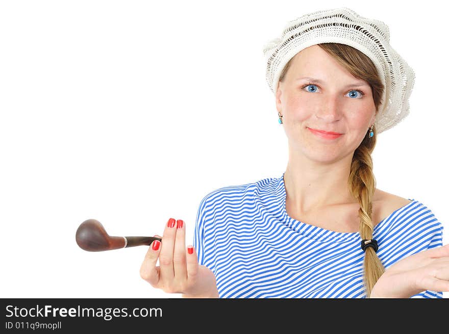 Pretty blue-eyed girl in beret, isolated on white