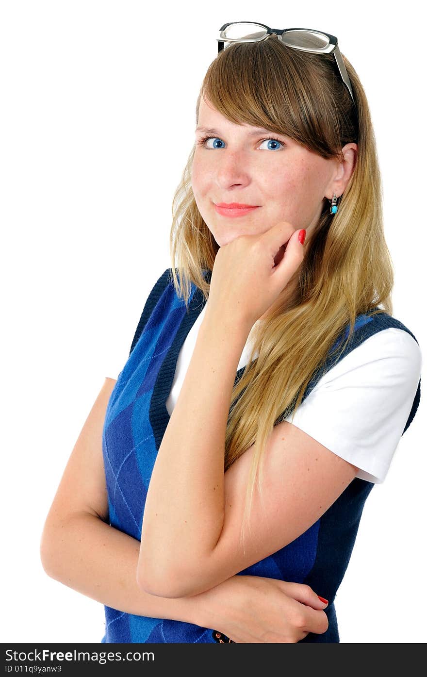 Pretty blue-eyed girl with glasses on head, isolated on white