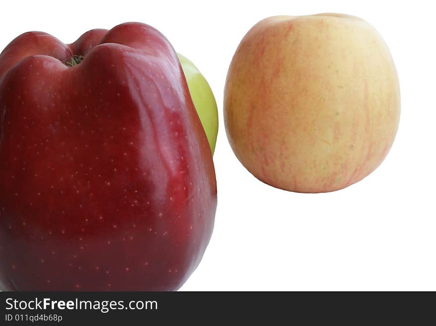 Three different apple on an isolated background. Three different apple on an isolated background