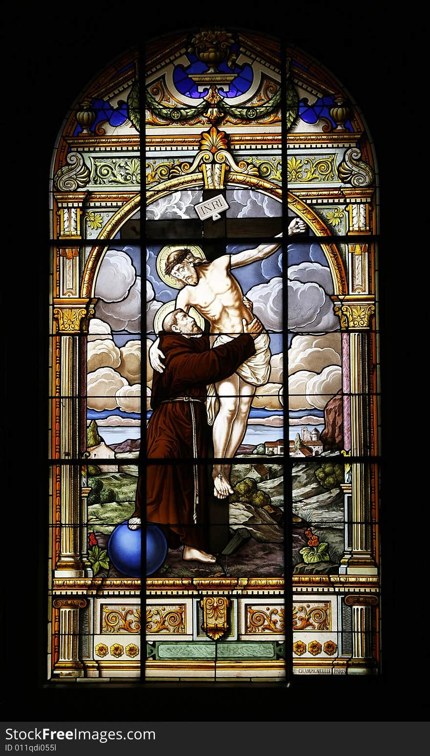 Stained-glass window of The Cathedral Basilica of St. Joseph, large Roman Catholic church located in Downtown San Jose.