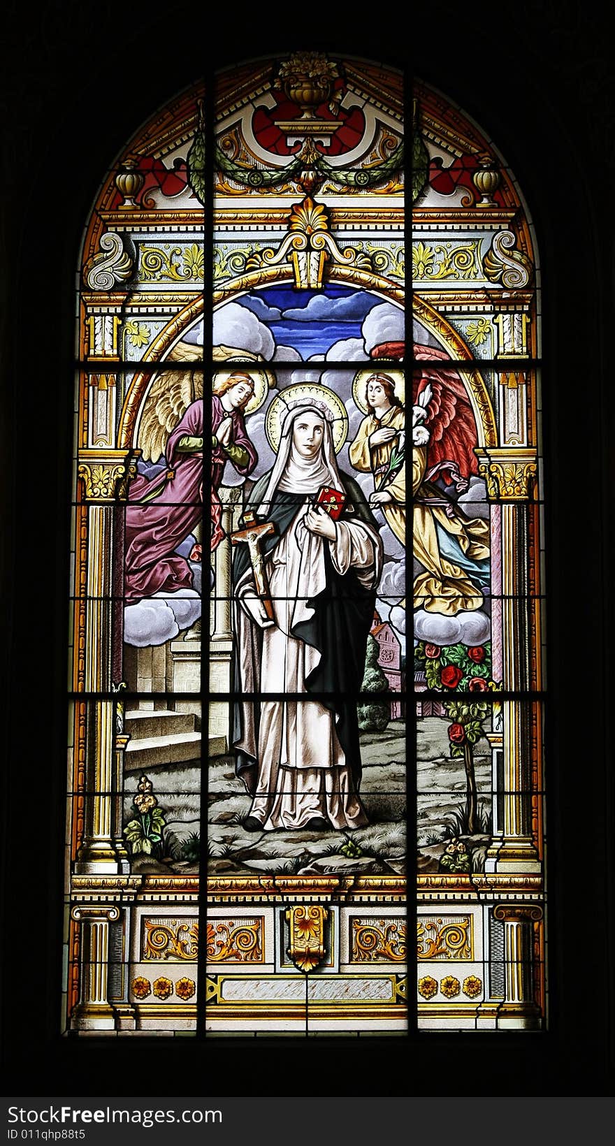 Stained-glass window of The Cathedral Basilica of St. Joseph, large Roman Catholic church located in Downtown San Jose, Costa Rica