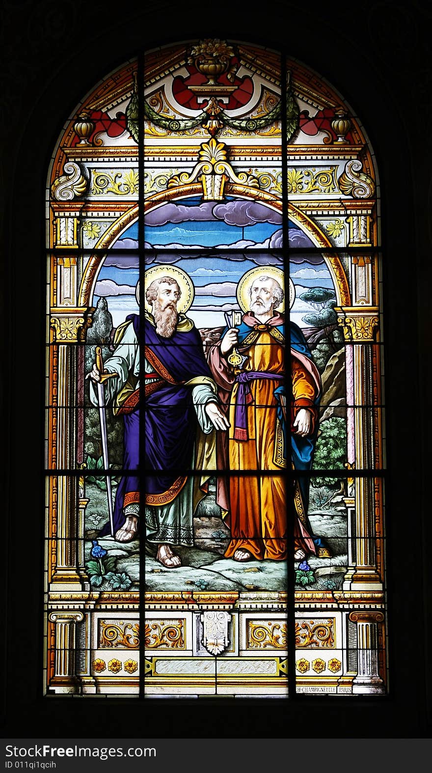 Stained-glass window of The Cathedral Basilica of St. Joseph, large Roman Catholic church located in Downtown San Jose, Costa Rica