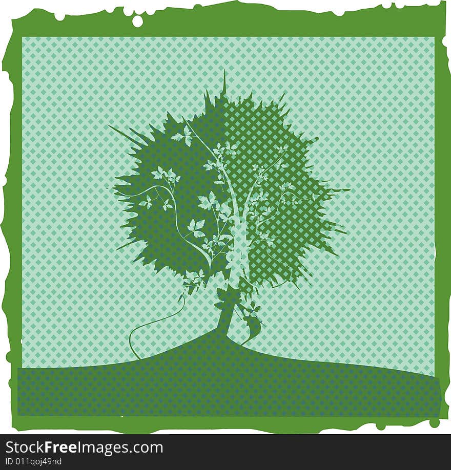 tree illustration on dotted background & grunge frame. tree illustration on dotted background & grunge frame