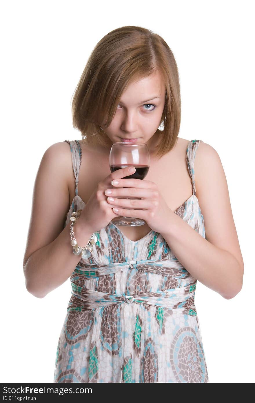 Woman with a glass of red wine isolated on a white background