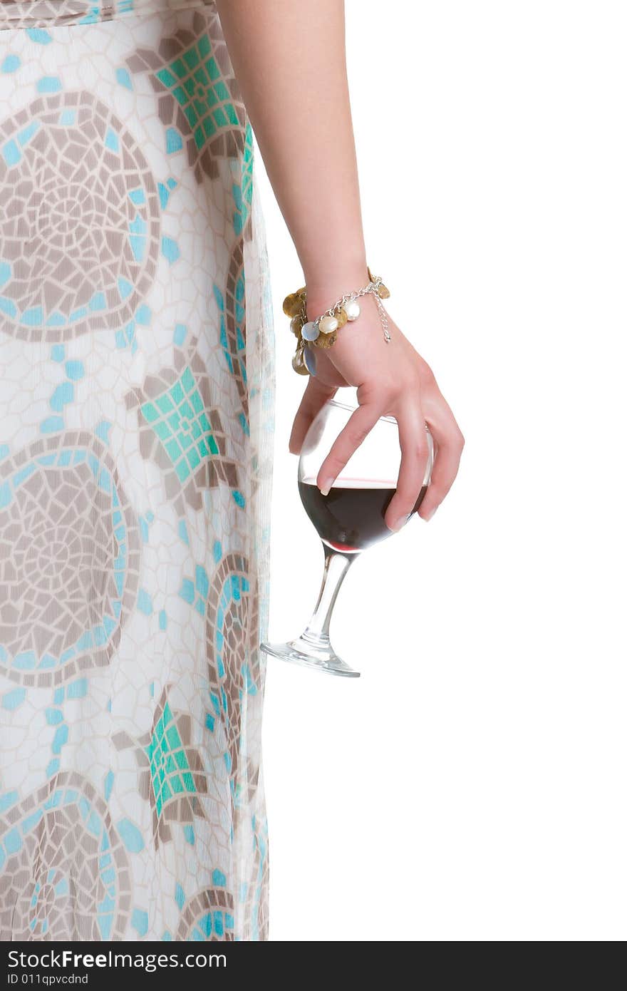 Female hand holding a glass of red wine isolated on a white background