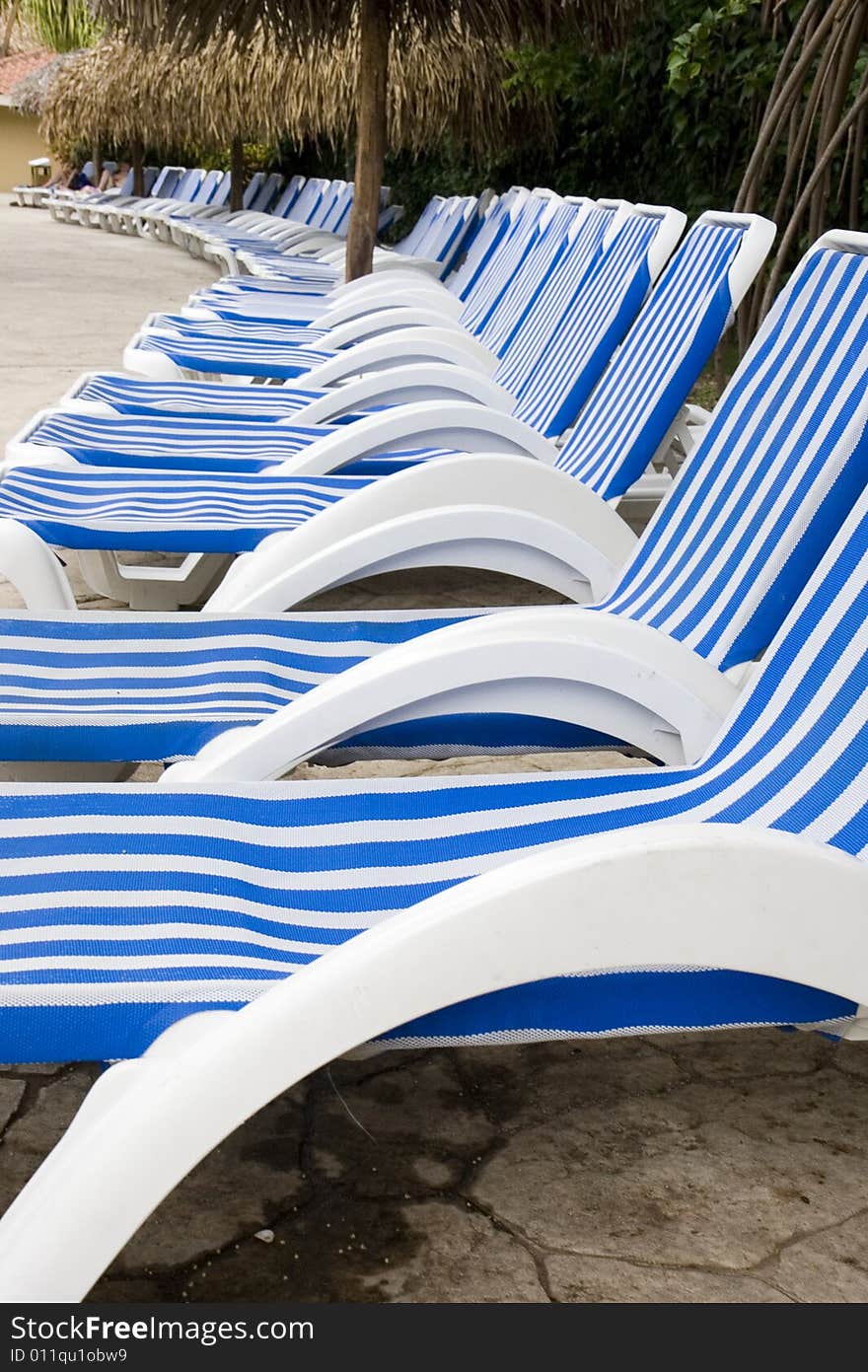 Blue and White striped lounge chairs along a tropical pool. Blue and White striped lounge chairs along a tropical pool