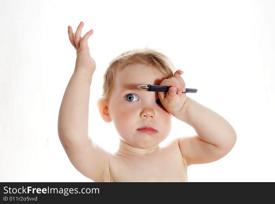 Baby-girl on white background with pen. Baby-girl on white background with pen