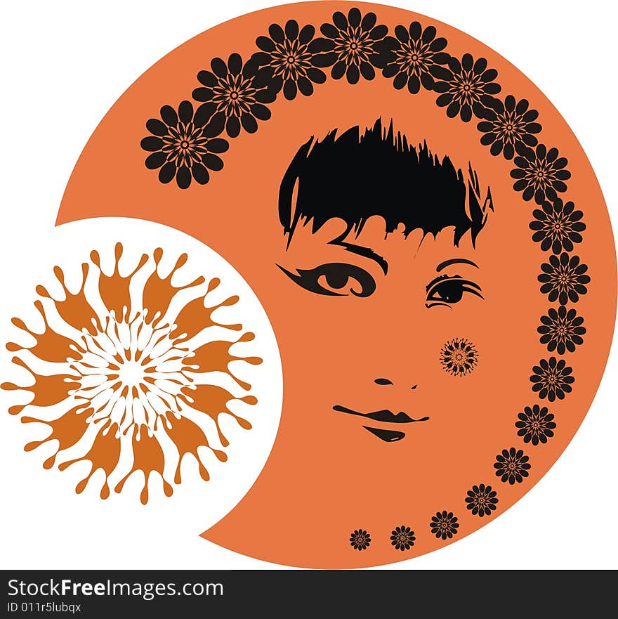 Beautiful face of the girl on an orange background from flowers. Beautiful face of the girl on an orange background from flowers