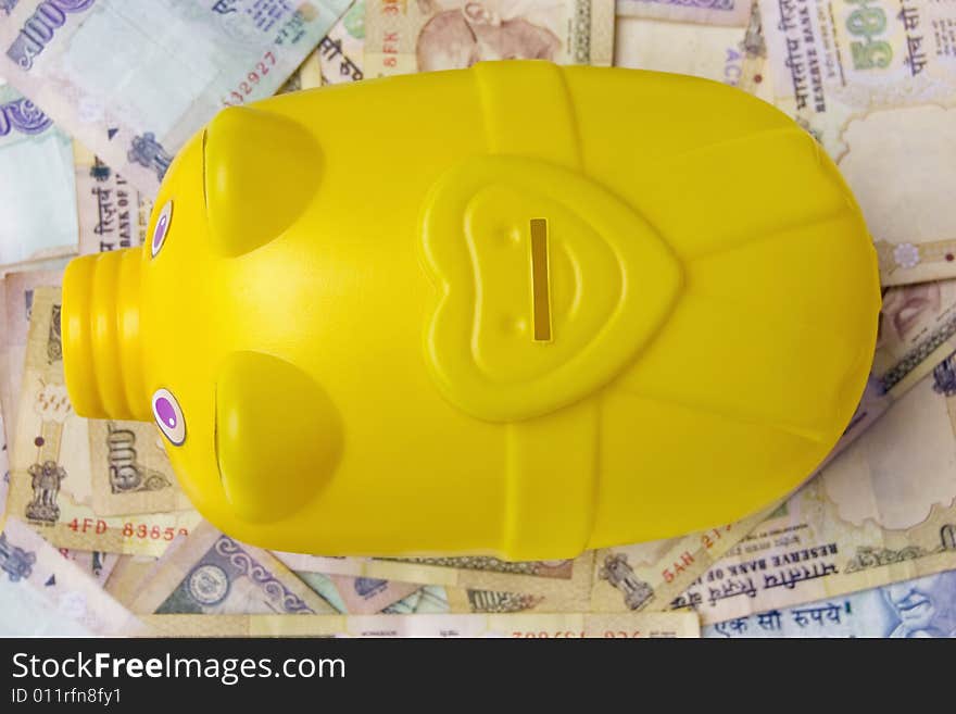 Studio Shoot Of Piggy Bank With Indian Money