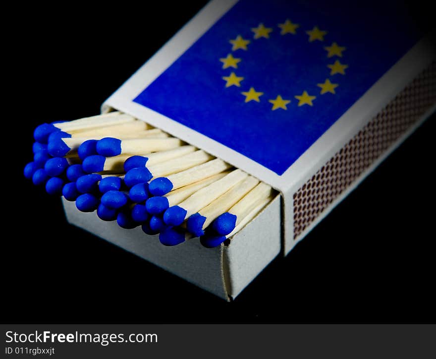 A traditional matchbox with the EU flag on it.