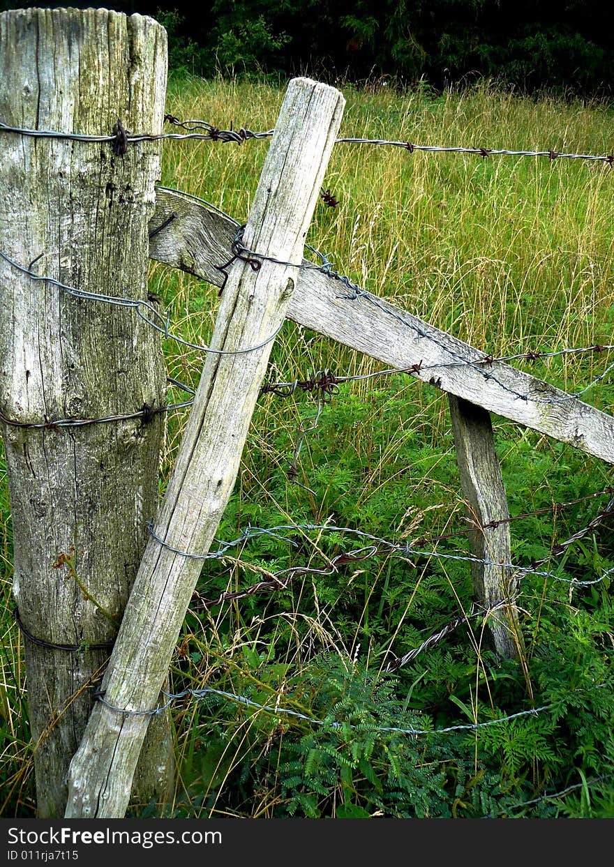 A weathered gray-wood farm fence wrapped with barbed wire. A weathered gray-wood farm fence wrapped with barbed wire