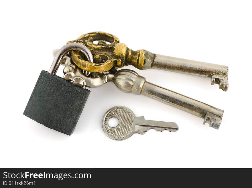 Keys and lock isolated on white background