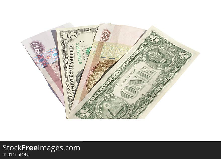 Russian and American currency on a white background. Russian and American currency on a white background