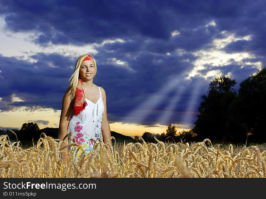 Girl standing in a wheat field against a cloudy sky. Girl standing in a wheat field against a cloudy sky.