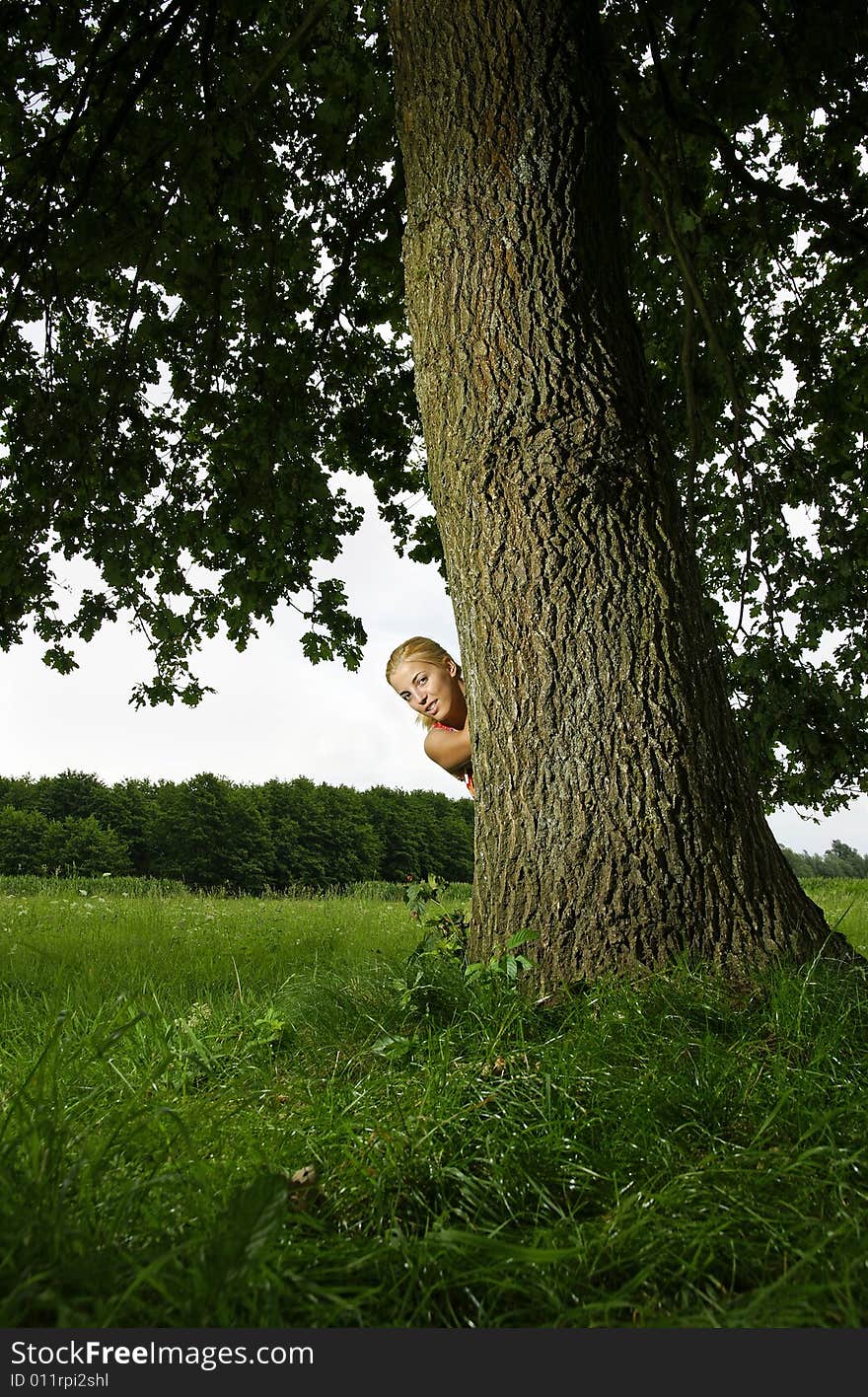 Girl hideing behind a tree.