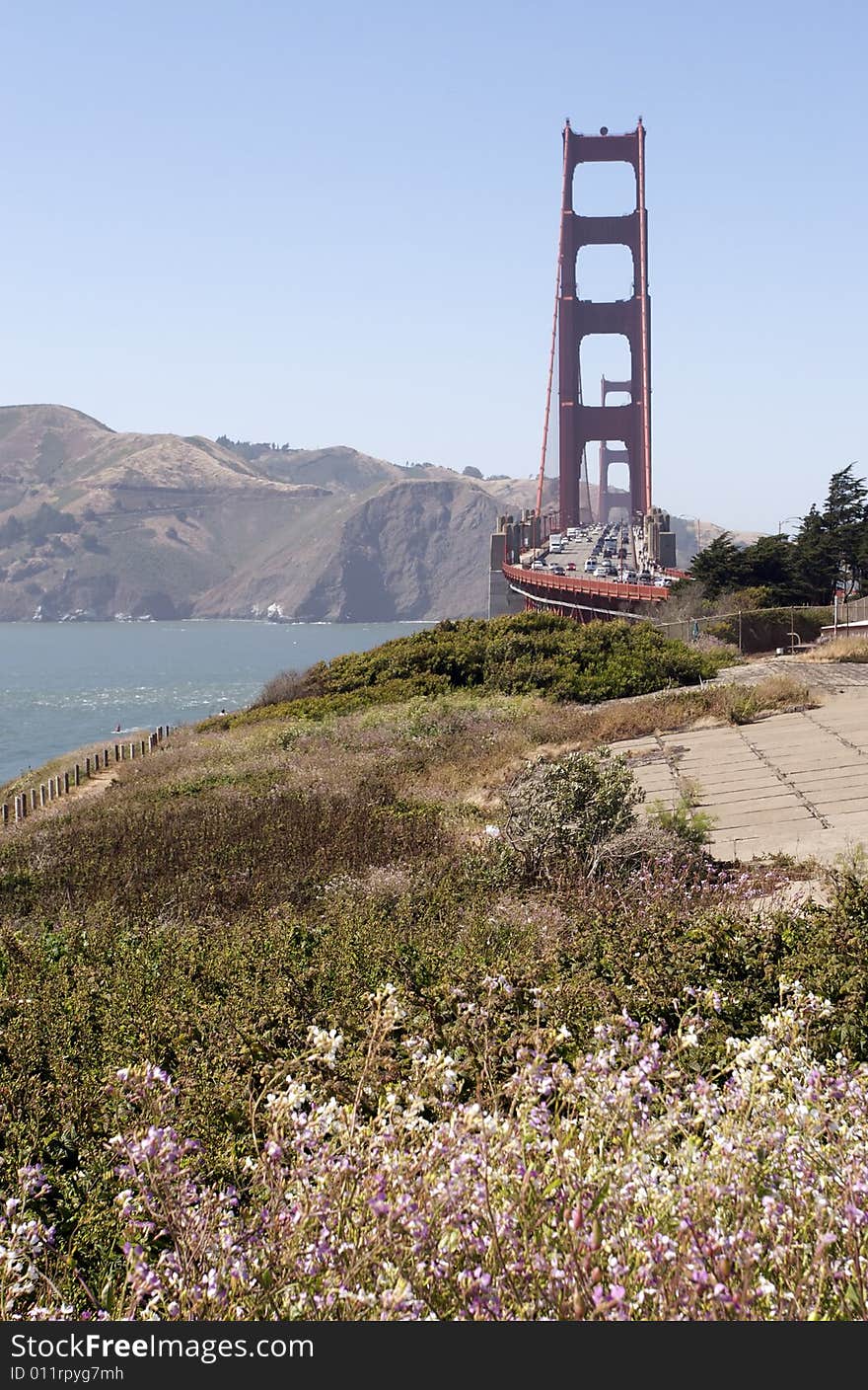 A shot of the Golden Gate Bridge taken from the path to Baker Beach.