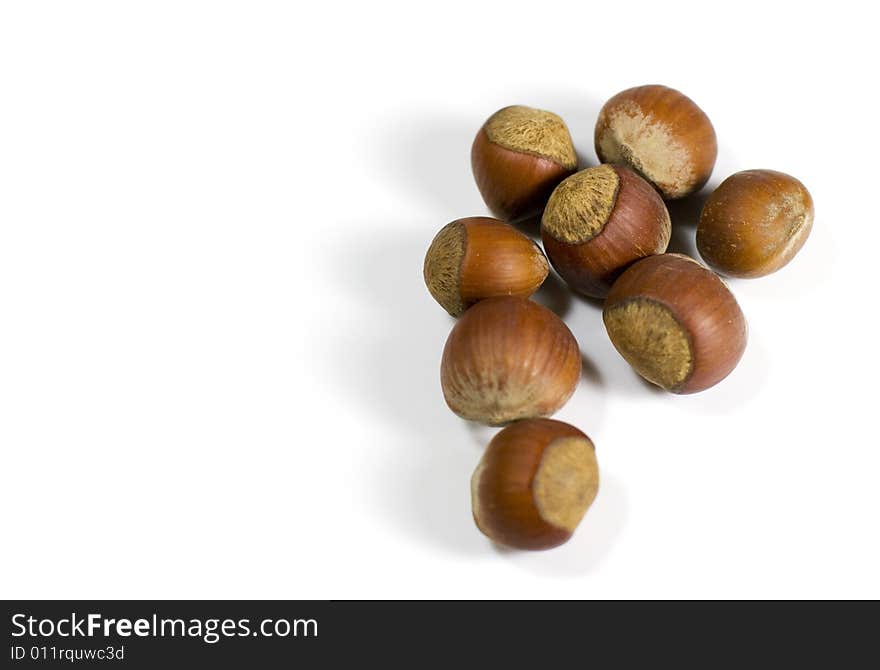 Some hazelnuts on white background