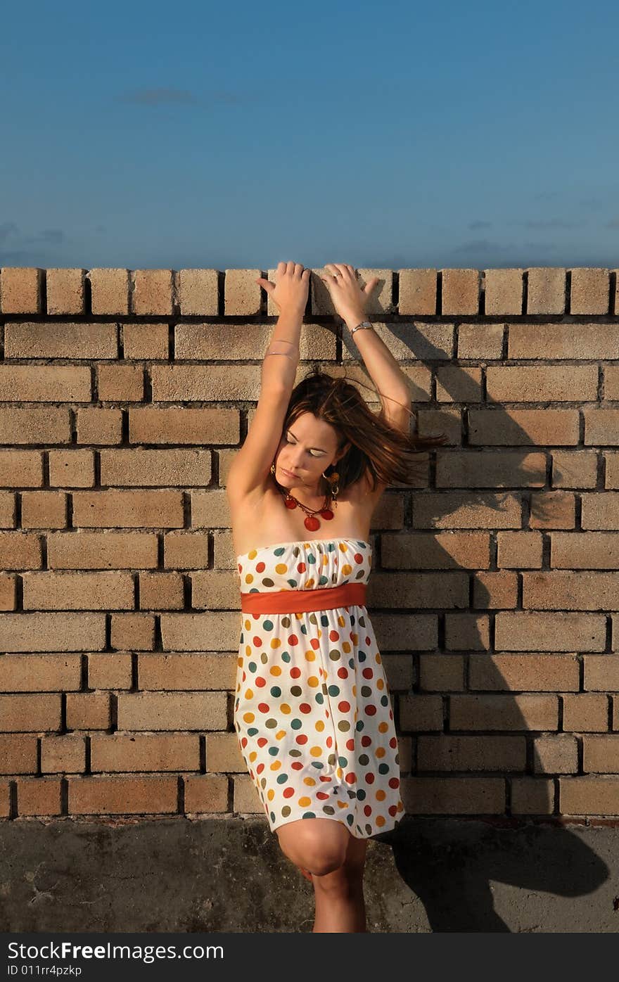 Portrait of young fashion woman against brick wall