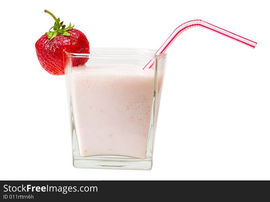 Close-up fresh strawberry milkshake, isolated on white