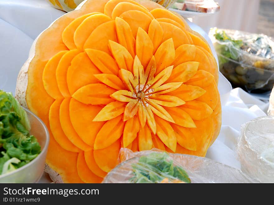 A decorative big pumpkin in a restaurant