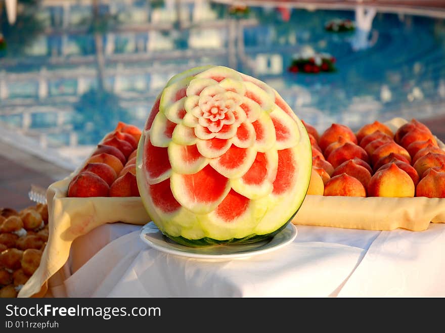 A decorative watermelon in a hotel. A decorative watermelon in a hotel