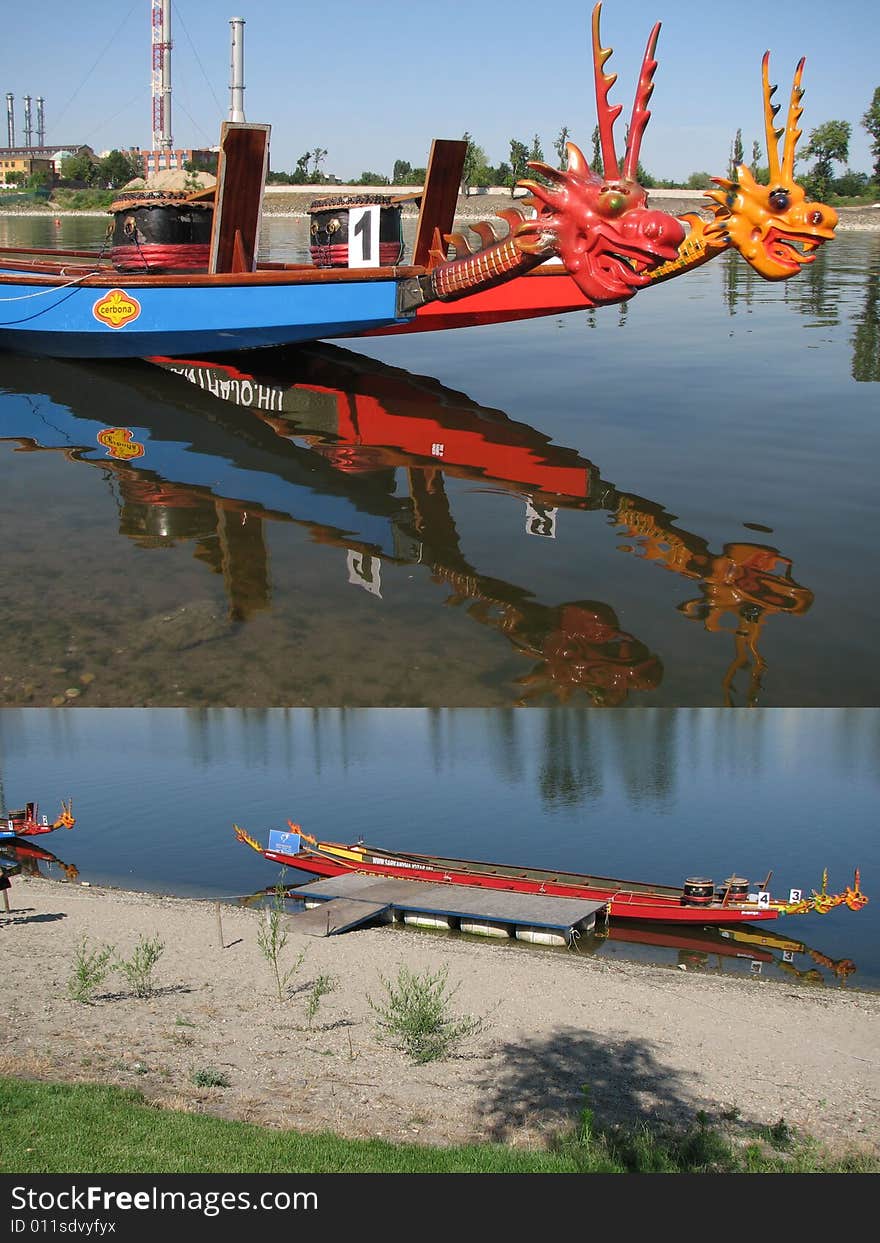 Two dragon boats on the river