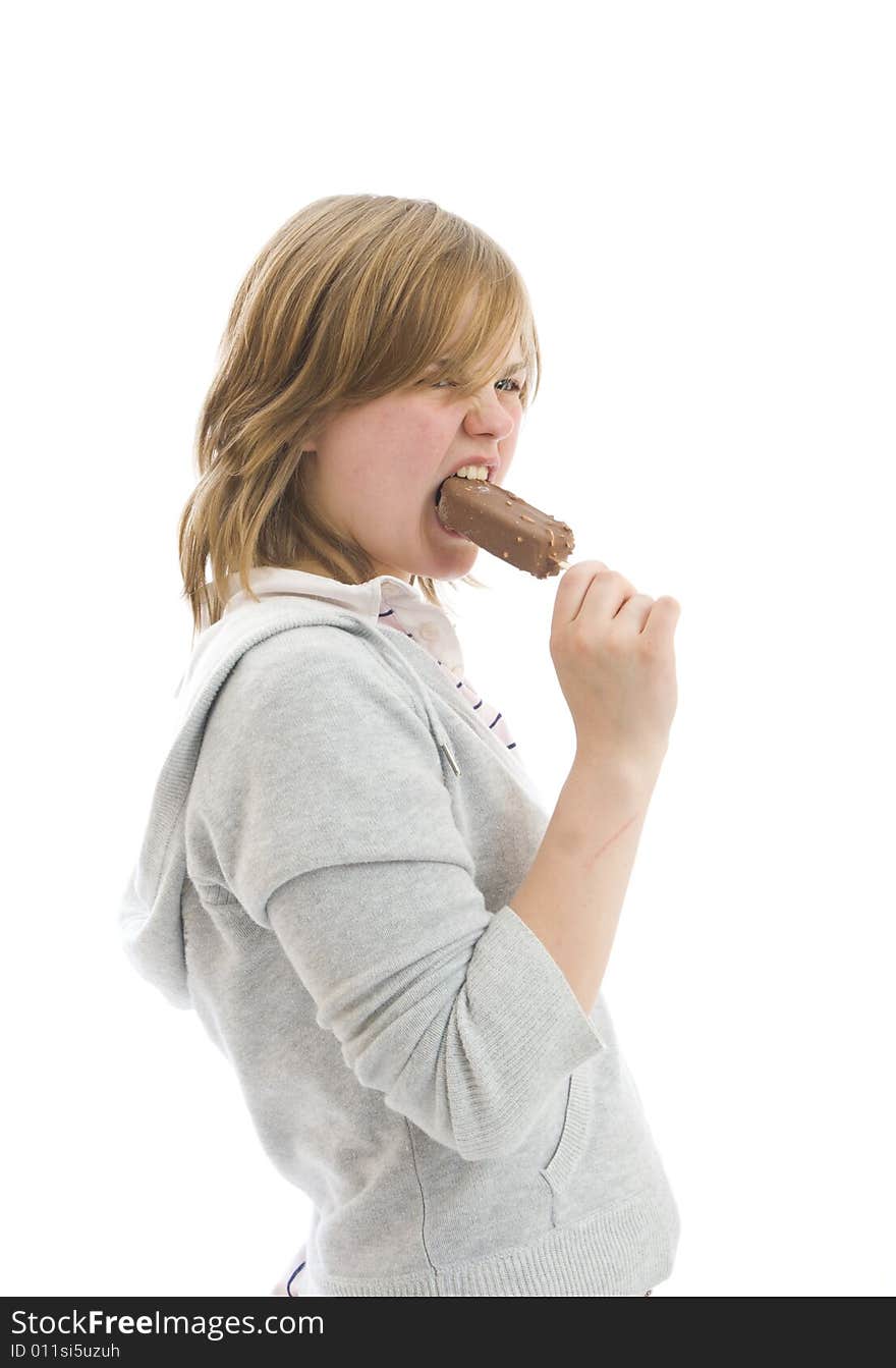 The young beautiful girl with ice-cream isolated