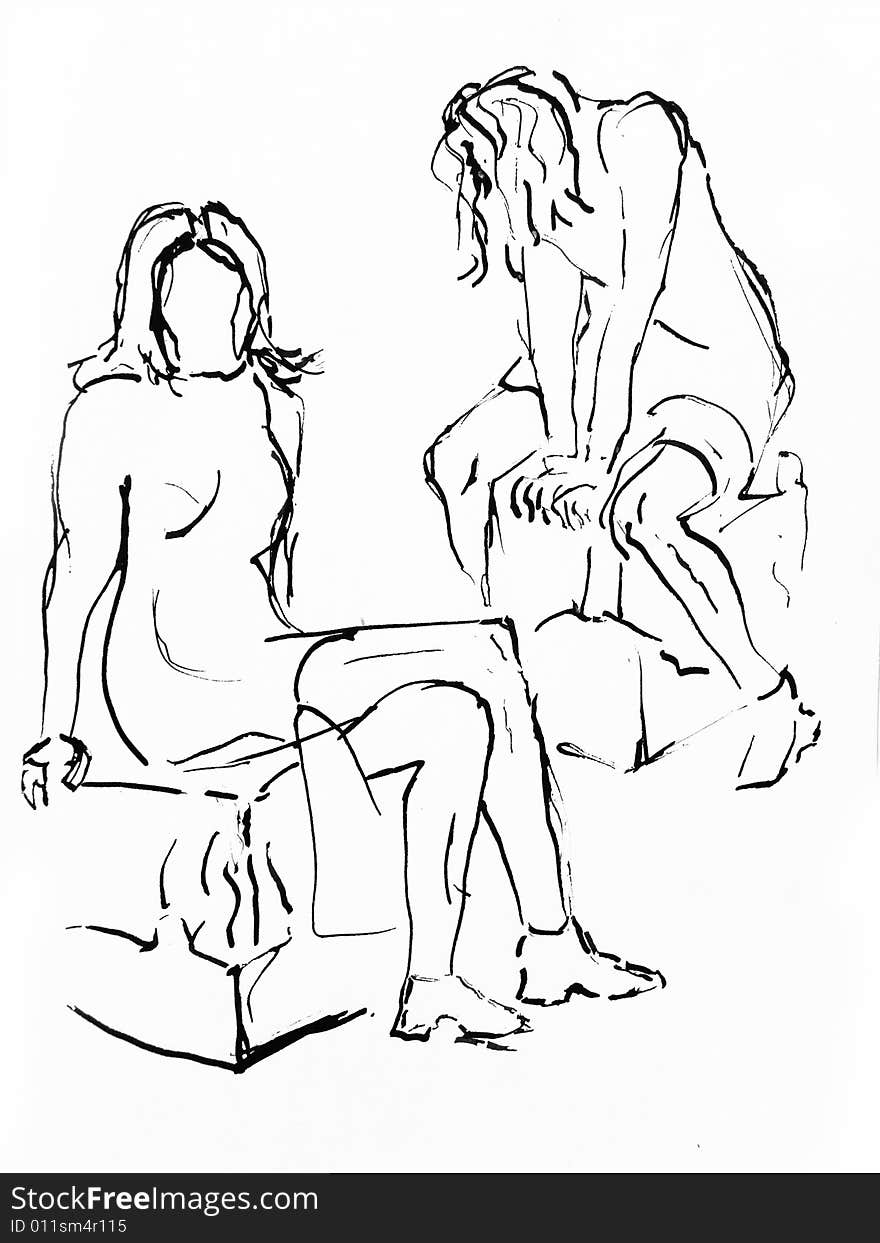 Two ink sketches of sitting girl. Two ink sketches of sitting girl