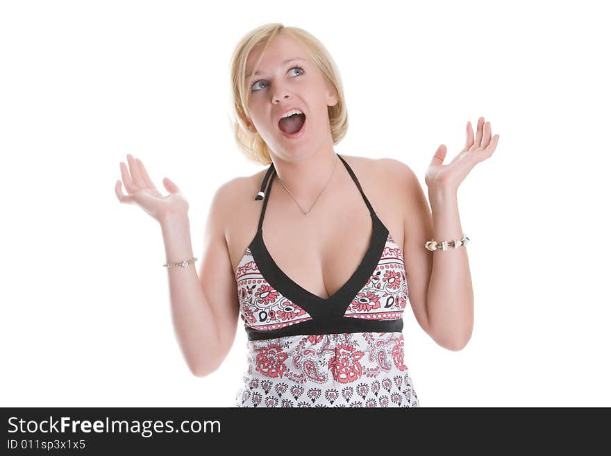 Young nice woman with the surprised sight isolated on a white background