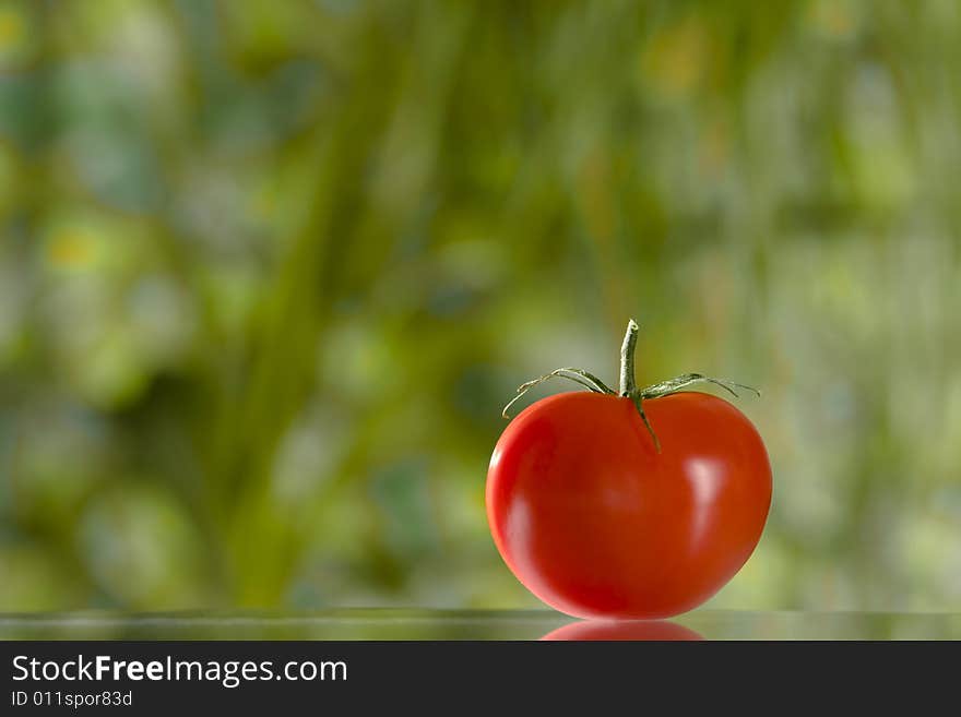 Close up view of nice red fresh tomato on green  back