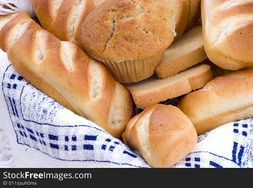 Bread assortment in a basket. Close-up.