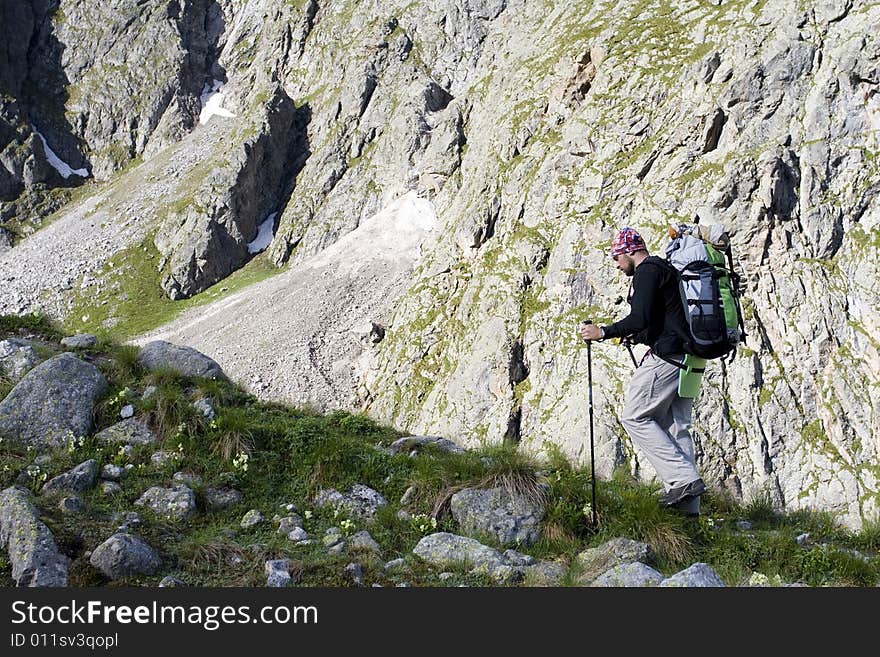 Hikers in mountains,  Caucasus mountains