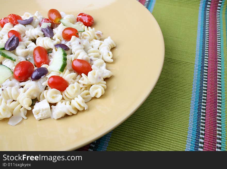 Cold Pasta Salad with tomatoes, cucumbers and olives